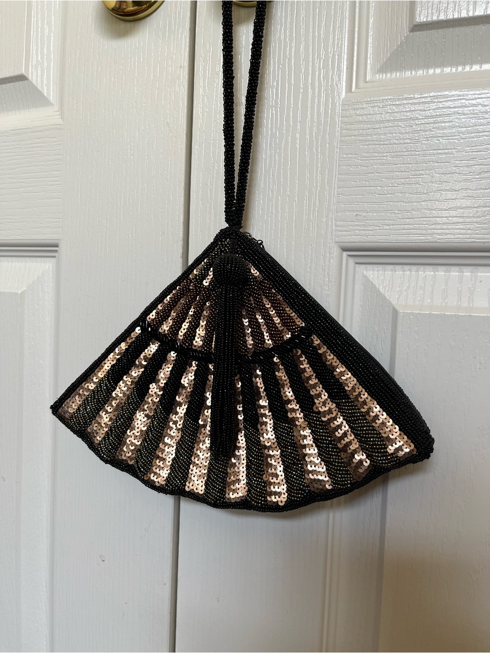 Chico's Black and Rose Gold Sequin Fan Wristlet Clutch